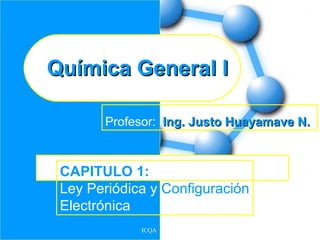 Química General I

       Profesor: Ing. Justo Huayamave N.



 CAPITULO 1:
 Ley Periódica y Configuración
 Electrónica
             ICQA
 