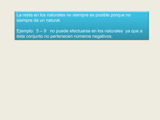 La resta en los naturales no siempre es posible porque no
siempre da un natural.

Ejemplo: 5 – 9 no puede efectuarse en los naturales ya que a
éste conjunto no pertenecen números negativos.
 