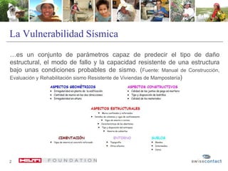 La Vulnerabilidad Sísmica
…es un conjunto de parámetros capaz de predecir el tipo de daño
estructural, el modo de fallo y la capacidad resistente de una estructura
bajo unas condiciones probables de sismo. (Fuente: Manual de Construcción,
Evaluación y Rehabilitación sismo Resistente de Viviendas de Mampostería)
2
 