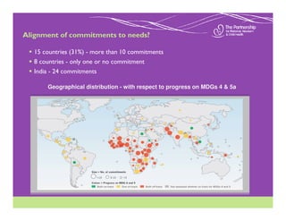 Alignment of commitments to needs?

   15 countries (31%) - more than 10 commitments
   8 countries - only one or no commitment
   India - 24 commitments

       Geographical distribution - with respect to progress on MDGs 4 & 5a
 