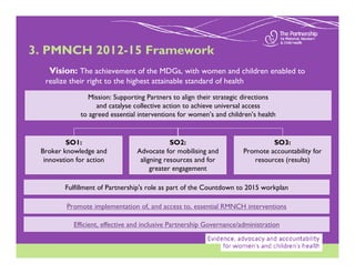 3. PMNCH 2012-15 Framework
   Vision: The achievement of the MDGs, with women and children enabled to
  realize their right to the highest attainable standard of health
                Mission: Supporting Partners to align their strategic directions
                   and catalyse collective action to achieve universal access
              to agreed essential interventions for women’s and children’s health


          SO1:                               SO2:                              SO3:
 Broker knowledge and            Advocate for mobilising and          Promote accountability for
  innovation for action           aligning resources and for             resources (results)
                                      greater engagement

         Fulfillment of Partnership's role as part of the Countdown to 2015 workplan

         Promote implementation of, and access to, essential RMNCH interventions

           Efficient, effective and inclusive Partnership Governance/administration
 