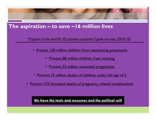 The aspiration – to save ~16 million lives

       Progress in the world's 49 poorest countries if goals are met (2010-15)


          • Protect 120 million children from contracting pneumonia

                  • Prevent 88 million children from stunting

                  • Prevent 33 million unwanted pregnancies

           • Prevent 15 million deaths of children under the age of 5

       • Prevent 570 thousand deaths of pregnancy related complications



           We have the tools and resources and the political will
 