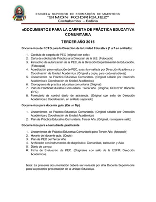 ESCUELA SUPERIO R DE FORMACIÓN DE MAESTROS
“SIMÓN RODRÍGUEZ”
Cochabamba – Bolivia
nDOCUMENTOS PARA LA CARPETA DE PRÁCTICA EDUCATIVA
COMUNITARIA
TERCER AÑO 2015
Documentos de ECTG para la Dirección de la Unidad Educativa (1 a 7 en anillado)
1. Carátula de carpeta de PEC (original con sello)
2. Carta de solicitud de Práctica a la Dirección de la U.E. (Fotocopia)
3. Instructivo de autorización de la PEC, de la Dirección Departamental de Educación.
(Fotocopia)
4. Acreditación para realización de PEC, suscrita y sellada por Dirección Académica o
Coordinación de Unidad Académica. (Original y copia, para cada estudiante)
5. Lineamientos de Práctica Educativa Comunitaria. (Original sellado por Dirección
Académica o Coordinación de Unidad Académica)
6. Cronograma de practica educativa comunitaria (Original)
7. Plan de Práctica Educativa Comunitaria. Tercer Año. (Original, CON V°B° Docente
IEPC)
8. Formulario de control diario de asistencia. (Original con sello de Dirección
Académica o Coordinación, en anillado separado)
Documentos para docente guía. (En un flip)
1. Lineamientos de Práctica Educativa Comunitaria. (Original sellado por Dirección
Académica o Coordinación de Unidad Académica)
2. Plan de Práctica Educativa Comunitaria. Tercer Año. (Original, no requiere sello)
Documentos para el estudiante practicante
1. Lineamientos de Práctica Educativa Comunitaria para Tercer Año. (fotocopia)
2. Horario del docente guía. (Copia)
3. Plan de PEC del Tercer Año
4. Archivador con instrumentos de diagnóstico: Comunidad, Institución y Aula
5. Diario de campo.
6. Ficha de Evaluación de PEC. (Originales con sello de la ESFM: Dirección
Académica)
Nota: La presente documentación deberá ser revisada por el/la Docente Supervisor/a
para su posterior presentación en la Unidad Educativa.
 