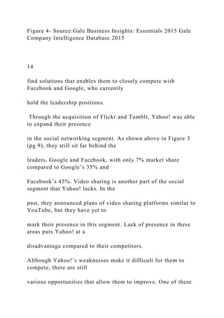 Figure 4- Source:Gale Business Insights: Essentials 2015 Gale
Company Intelligence Database 2015
14
find solutions that enables them to closely compete with
Facebook and Google, who currently
hold the leadership positions.
Through the acquisition of Flickr and Tumblr, Yahoo! was able
to expand their presence
in the social networking segment. As shown above in Figure 3
(pg 9), they still sit far behind the
leaders, Google and Facebook, with only 7% market share
compared to Google’s 35% and
Facebook’s 45%. Video sharing is another part of the social
segment that Yahoo! lacks. In the
past, they announced plans of video sharing platforms similar to
YouTube, but they have yet to
mark their presence in this segment. Lack of presence in these
areas puts Yahoo! at a
disadvantage compared to their competitors.
Although Yahoo!’s weaknesses make it difficult for them to
compete, there are still
various opportunities that allow them to improve. One of these
 