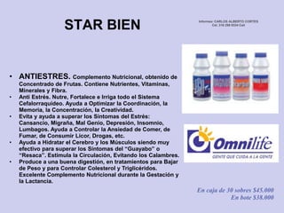 STAR BIENInformes: CARLOS ALBERTO CORTESCel. 316 298 9334 Cali ANTIESTRES. Complemento Nutricional, obtenido de Concentrado de Frutas. Contiene Nutrientes, Vitaminas, Minerales y Fibra.  