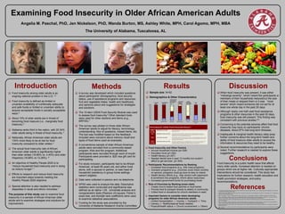 Methods Discussion 
Examining Food Insecurity in Older African American Adults 
Angelia M. Paschal, PhD, Jen Nickelson, PhD, Wanda Burton, MS, Ashley White, MPH, Carol Agomo, MPH, MBA 
The University of Alabama, Tuscaloosa, AL 
Introduction Results 
 Food insecurity among older adults is an 
ongoing national problem in the U.S. 1,2 
 Food insecurity is defined as limited or 
uncertain availability of nutritionally adequate 
and safe foods or limited or uncertain ability to 
acquire acceptable foods in socially acceptable 
ways.2 
 About 15% of older adults are in threat of 
becoming food insecure (i.e., marginally food 
insecure).3 
 Alabama ranks third in the nation, with 20.34% 
older adults being in threat of food insecurity. 3 
 Nationally, African American older adults are 
134% more likely to be at risk for food 
insecurity compared to older whites.3 
 The actual food insecurity rate of African 
American older adults is significantly higher 
than older whites (16.66% vs. 4.40%) and older 
Hispanics (16.66% vs 13.26%). 6 
 An objective of Healthy People 2020 is to 
“reduce household food insecurity and in doing 
so reduce hunger”.1 
 Efforts to research and reduce food insecurity 
are important steps towards meeting the 
Healthy People 2020 objective. 
 Special attention is also needed to address 
disparities in racial and ethnic minorities.1 
The purpose of this study was to examine food 
insecurity in a sample of African American older 
adults and to examine strategies and solutions for 
improvement. 
1. U.S. Department of Health and Human Services & Office of Disease Prevention and Health Promotion. (2010). Healthy People 2020. Washington, DC: Government 
Printing Office. http://healthypeople.gov/2020. 
2. Coleman-Jensen, Alisha, Mark Nord, and Anita Singh. (2013). Household Food Security in the United States in 2012, ERR-155. Washington, DC: U.S. Department of 
Agriculture, Economic Research Service. 
3. Ziliak, J. & Gundersen, C. (2013). The State of Senior Hunger in America 2011: An Annual Report. Alexandria, VA: National Foundation to End Senior Hunger. 
4. Ziliak, J. & Gundersen, C. (2009). Senior hunger in the United States: differences across states and rural and urban areas. Lexington, KY: University of Kentucky 
Center for Poverty Research Special Reports. January 2014 from http://www.ukcpr.org/Publications/seniorhungerfollowup.pdf 
5. Economic Research Service (ERS), United States Department of Agriculture (USDA), Household food security and food insecurity measurement methods. 
http://www.ers.usda.gov 
6. Ziliak, J. & Gundersen, C. (2009). Senior hunger in the United States: differences across states and rural and urban areas. Lexington, KY: University of Kentucky 
Center for Poverty Research Special Reports. January 2014 from http://www.ukcpr.org/Publications/seniorhungerfollowup.pdf 
7. Centers for Disease Control and Prevention (CDC). Behavioral Risk Factor Surveillance System Survey Questionnaire, Atlanta GA: U.S. Department of Health and 
Human Services, 2013. 
8. Lee, J.S., Fischer, J.G., & Johnson, M.A. (2010). Food insecurity, food and nutrition programs and aging: experiences from Georgia. Journal of Nutrition for the Elderly, 
29(2), 116-149. 
Conclusions 
Food insecurity is a public health issue that affects 
many older adults. Increased attention is needed on 
groups which are at higher risk. Culturally appropriate 
interventions should be considered. This study has 
implications for further research, health education and 
health promotion strategies, and policy 
recommendations. 
References 
 A survey was developed which included questions 
about participants’ demographics, food security 
status, use of assistance programs and resources, 
fruit and vegetable intake, health and healthcare, 
and opinions about and suggestions for strategies 
and solutions. 
 The 10-item USDA Food Security Module was used 
to assess food insecurity.2 Other standard tools 
were used for other sections and items (e.g., 
BRFSS).7 
 The survey was piloted on three older African 
American adults to adjust for literacy, terminology, 
understanding, flow of questions, missed items, etc. 
The tool was modified based on this feedback. 
Included were concerns about memory recall and 
types of food items used as examples. 
 A convenience sample of older African American 
adults were recruited from a community-based 
program, Kids and Kin program. Additional 
participants were recruited through word of mouth. 
Participants were provided a $25 visa gift card for 
participating. 
 For study inclusion, participants had to be African 
American, at least 65 years old, and either lived 
alone, with a spouse or partner, or was head of 
household (residency in group home settings 
weren’t eligible). 
 Data were collected in-person and via telephone. 
 SPSS was used to analyze the data. Descriptive 
statistics were conducted and significance was 
defined as an alpha <.05. Univariate analysis and 
nonparametric tests (Pearson chi-square, Fisher’s 
exact test, and Kendall rank coefficient) were used 
to examine statistical associations. 
 Funding for the study was provided by the 
University of Alabama Research Grants Committee. 
 Sample size: N=52 
 Demographics & Other Characteristics 
 When food insecurity was present, it was either 
“midrange severity”, which meant the participants or 
members of their households reduced/cut the size 
of their meals or skipped them or it was “most 
severe” which meant someone did not eat for at 
least one whole day in the past 30 days. 
 Although nearly one-half used food assistance 
programs & other resources in the past 30 days, 
food insecurity was still present. This finding was 
consistent with previous studies.6,8 
 Concerning is the potential adverse affect that food 
insecurity may have on participants’ chronic 
diseases. About 87% had long-term illnesses. 
 Inadequate & marginal health literacy rates pose 
further concerns about the long-term health and 
ability of food insecure older adults to access the 
information & resources they need to be healthy. 
 Several recommendations by participants were 
noted. Further research is needed to explore these 
suggestions. 
 
Not Married 
 
Married 
 
< $20,00 
 
$21-30,000 
 
<$31-40,000 
 . 
 Food Insecurity and Other Factors 
 Annual household income (p=.028) 
 Education level (p=.022) 
 Health literacy (p=.007) 
 Needed dental care in past 12 months but couldn’t 
afford to get services (p=.004) 
 Participants’ Recommendations by Ranking 
1. Increased food programs (e.g., free meal programs) 
2. Outreach programs (e.g., churches could check monthly 
on seniors; programs could go door-to-door to check) 
3. Health literacy efforts (e.g., help seniors with paperwork 
& enrollment into programs; inform about resources) 
4. Increased government funds for purchasing foods 
 Role of Churches by Ranking (most cited) 
1. Create church-based food pantries or food banks 
2. Provide food & outreach directly to elderly in community 
3. Collect food or donations for church members in need 
 Important factors to consider when developing 
programs for older African American adults 
1. Limited transportation; 2. Income; 3. Outreach; 4. Time; 
5. Literacy; 6. Healthy/special foods needed; 
7. Physical/health status; 8. Church involvement; 9. Others 
 
Yes 
 
No 
 
Female 
 
Male 
 
Yes 
 
No 
 
Inadequate 
 
Marginal 
 
Adequate 
 
College graduate 
 
Some college or 
technical school 
 
H.S. or GED 
 
<H.S. 
