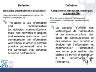 Definition
Workplace Digital Essential Skills (DES):
Using digital skills in the workplace is defined, for
purposes of this project, as:
The ability to use information
and communication
technologies, communications
tools, and networks to acquire
and evaluate information and
communicate the information
with others, in order to perform
practical job-related tasks in
the workplace that enhance
business performance.
Définition
Compétences essentielles numériques
au travail (CEN) :
Pour les besoins du projet, l‟utilisation des
compétences numériques au travail est définie
comme :
La capacité d‟utiliser des
technologies de l'information
et des communications, des
outils de communication et
des réseaux pour acquérir et
évaluer de l‟information et
communiquer l‟information
aux autres pour réaliser des
tâches de travail et contribuer
à la performance de
l‟entreprise.
 