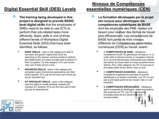 Digital Essential Skill (DES) Levels
The training being developed in this
project is designed to provide BASIC
level digital skills that the employees of
SMEs need to be able to use ICTs to
perform their job-related tasks more
efficiently. Basic skills is one of three
different levels of Workplace Digital
Essential Skills (DES) that have been
identified, as follows:
• BASIC SKILLS: users in this category are able to
use basic and generic digital tools (such as:
searching on the internet, sending emails) to perform
job-related tasks, at a basic enough level to perform in
their occupation. For this category, ICTs are not the
main part of their job but a tool.
• ADVANCED SKILLS: users in this category are
competent users of advanced applications and often
sector-specific. ICTs are not the main part of their job
but an important tool.
• ICT SPECIALIST SKILLS: users in this category
have the ability to create, develop, operate and
maintain ICT systems. ICTs are the main part of their
job and an essential tool
Niveaux de Compétences
essentielles numériques (CEN)
La formation développée par le projet
est conçue pour développer les
compétences numériques de BASE
dont les employés des PME rurales ont
besoin pour réaliser des tâches de travail
plus efficacement. Les compétences de
BASE font partie de trois niveaux
différents de Compétences essentielles
numériques [CEN] au travail, soient :
• 1. COMPÉTENCES DE BASE : utilisateurs
compétents d‟outils TIC génériques de base (c.-à.-d.,
outils reliés à Internet comme un navigateur Internet
et un courrier électronique) nécessaires pour réaliser
des tâches de travail selon le niveau de performance
attendu. Pour cette catégorie, les TIC ne sont pas la
principale partie de leur tâche, mais un outil.
• 2. COMPÉTENCES AVANCÉES : utilisateurs
compétents d‟applications avancées et souvent
spécifiques à un secteur d‟activités. Les TIC ne sont
pas la principale partie de leur travail, mais un outil
important.
• 3. COMPÉTENCES SPÉCIALISÉES : utilisateurs
ayant la capacité de développer, opérer et maintenir
des systèmes de TIC. Les TIC constituent la
principale partie de leur travail et un outil
incontournable.
 