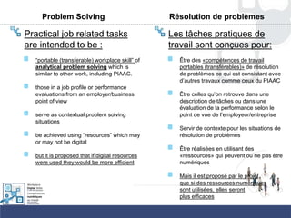 Problem Solving
Practical job related tasks
are intended to be :
“portable (transferable) workplace skill” of
analytical problem solving which is
similar to other work, including PIAAC.
those in a job profile or performance
evaluations from an employer/business
point of view
serve as contextual problem solving
situations
be achieved using “resources” which may
or may not be digital
but it is proposed that if digital resources
were used they would be more efficient
Résolution de problèmes
Les tâches pratiques de
travail sont conçues pour:
Être des «compétences de travail
portables (transférables)» de résolution
de problèmes ce qui est consistant avec
d‟autres travaux comme ceux du PIAAC
Être celles qu‟on retrouve dans une
description de tâches ou dans une
évaluation de la performance selon le
point de vue de l‟employeur/entreprise
Servir de contexte pour les situations de
résolution de problèmes
Être réalisées en utilisant des
«ressources» qui peuvent ou ne pas être
numériques
Mais il est proposé par le projet
que si des ressources numériques
sont utilisées, elles seront
plus efficaces
 