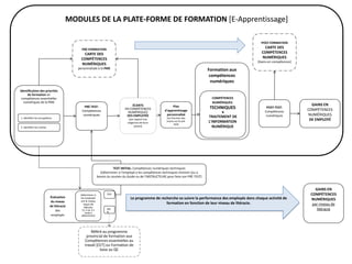 Évaluation
du niveau
de litéracie
des
employés
GAINS EN
COMPÉTENCES
NUMÉRIQUES
DE EMPLOYÉ
Identification des priorités
de formation en
compétences essentielles
numériques de la PME
PRÉ-TEST:
Compétences
numériques
Plan
d'apprentissage
personnalisé
[en fonction des
scores sur le pré-
test]
ÉCARTS
EN COMPÉTENCES
NUMÉRIQUES
DES EMPLOYÉE
[par rapport aux
exigences de leurs
postes]
Déterminer si
les employés
ont le niveau
requis de
litéracie
[1, 2 ou 3 •
reste à
déterminer]
NO
N
OUI
Référé au programme
provincial de formation aux
Compétences essentielles au
travail [CET] ou Formation de
base au QC
Formation aux
compétences
numériques
COMPÉTENCES
NUMÉRIQUES:
TECHNIQUES
&
TRAITEMENT DE
L'INFORMATION
NUMÉRIQUE
POST-TEST:
Compétences
numériques
1. Identifier les occupations
2. Identifier les t;aches
PRÉ-FORMATION
CARTE DES
COMPÉTENCES
NUMÉRIQUES
personnalisée à la PME
POST-FORMATION
CARTE DES
COMPÉTENCES
NUMÉRIQUES
[Gains en compétences]
Le programme de recherche va suivre la performance des employés dans chaque activité de
formation en fonction de leur niveau de litéracie.
GAINS EN
COMPÉTENCES
NUMÉRIQUES
par niveau de
litéracie
MODULES DE LA PLATE-FORME DE FORMATION [E-Apprentissage]
TEST INITIAL: Compétences numériques techniques
[Déterminer si l'employé a les compétences techniques minimm [ou a
besoin du soutien du Guide ou de l'INSTRUCTEUR] pour faire son PRÉ-TEST]
 