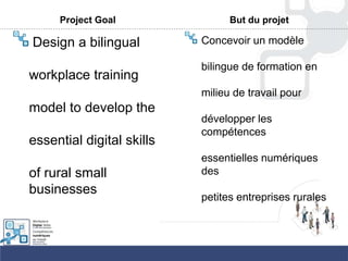 Project Goal
Design a bilingual
workplace training
model to develop the
essential digital skills
of rural small
businesses
But du projet
Concevoir un modèle
bilingue de formation en
milieu de travail pour
développer les
compétences
essentielles numériques
des
petites entreprises rurales
 