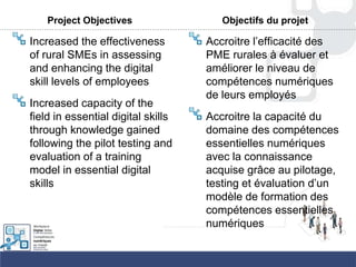 Project Objectives
Increased the effectiveness
of rural SMEs in assessing
and enhancing the digital
skill levels of employees
Increased capacity of the
field in essential digital skills
through knowledge gained
following the pilot testing and
evaluation of a training
model in essential digital
skills
Objectifs du projet
Accroitre l‟efficacité des
PME rurales à évaluer et
améliorer le niveau de
compétences numériques
de leurs employés
Accroitre la capacité du
domaine des compétences
essentielles numériques
avec la connaissance
acquise grâce au pilotage,
testing et évaluation d‟un
modèle de formation des
compétences essentielles
numériques
 