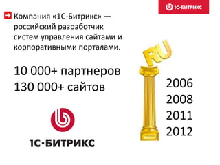 Компания «1С-Битрикс» —
российский разработчик
систем управления сайтами и
корпоративными порталами.
10 000+ партнеров
130...