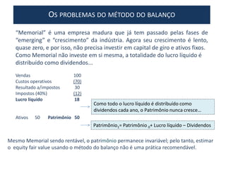 OS PROBLEMAS DO MÉTODO DO BALANÇO
“Memorial” é uma empresa madura que já tem passado pelas fases de
“emerging” e “crescimento” da indústria. Agora seu crescimento é lento,
quase zero, e por isso, não precisa investir em capital de giro e ativos fixos.
Como Memorial não investe em si mesma, a totalidade do lucro líquido é
distribuído como dividendos...
Vendas 100
Custos operativos (70)
Resultado a/impostos 30
Impostos (40%) (12)
Lucro líquido 18
Ativos 50 Patrimônio 50
Como todo o lucro líquido é distribuído como
dividendos cada ano, o Patrimônio nunca cresce…
Mesmo Memorial sendo rentável, o patrimônio permanece invariável; pelo tanto, estimar
o equity fair value usando o método do balanço não é uma prática recomendável.
Patrimônio1= Patrimônio 0+ Lucro líquido – Dividendos
 