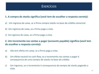 EXERCÍCIOS
1. A compra de stocks significa (você tem de escolher a resposta correta):
a) Um ingresso de caixa, se a firma compra stocks na base do crédito comercial.
b) Um ingresso de caixa, se a firma paga a vista.
c) Um egresso de caixa, se a firma paga a vista.
2. Um incremento nas contas a pagar (accounts payable) significa (você tem
de escolher a resposta correta):
a) não tem efeito em caixa, se a firma paga a vista.
b) Um efeito neutral no cash flow, se o incremento nas contas a pagar é
consequencia de uma compra de stocks na base do crédito.
c) Um ingresso, se o incremento é consequencia da compra de stocks pagando a
vista.
29
 