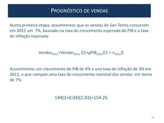 PROGNÓSTICO DE VENDAS
Numa primeira etapa, assumiremos que as vendas de San Telmo cresceram
em 2012 um 7%, baseado na taxa do crescimento esperado do PIB e a taxa
de inflação esperada:
Vendas2012=Vendas2011 [(1+gPIB2012)(1 + 2012)]
Assumiremos um crescimento do PIB de 4% e una taxa de inflação de 3% em
2012, o que compoe uma taxa de crescimento nominal das vendas em torno
de 7%:
144(1+0.04)(1.03)=154.25
49
 