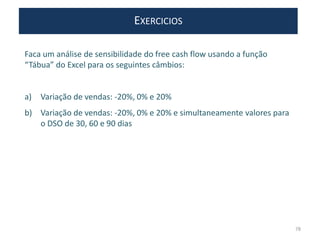 EXERCICIOS
Faca um análise de sensibilidade do free cash flow usando a função
“Tábua” do Excel para os seguintes câmbios:
a) Variação de vendas: -20%, 0% e 20%
b) Variação de vendas: -20%, 0% e 20% e simultaneamente valores para
o DSO de 30, 60 e 90 dias
78
 