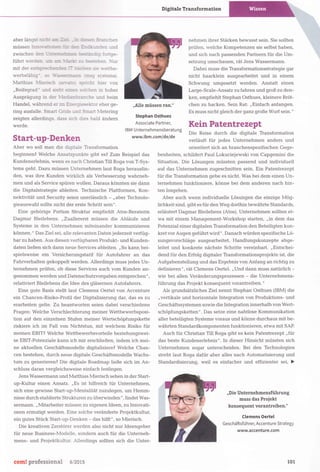 führt werce-
mit der en:.sp;-:
werbsfähig" - ;:;::sq sy tems).
Matthia . tier.5c~ f..- _" 3,!""=:C- hier von
Digitale Transformation
nehmen ihrer Stärken bewusst sein. Sie sollten
prüfen, welche Kompetenzen sie selbst haben,
und sich nach passenden Partnern für die Um-
setzung umschauen, rät Jens Wassermann.
"Reifegrad und se~- -=:;.- _alcen in hoher
Ausprägung in der _ 'ed..,-:- ;-~cte und beim
Handel, während er im :::r.,-::.,ese'-tor eher ge-
ring ausfalle. Smart Grids d -mart .'v1.etering
zeigten allerdings, dass !C:: dies bald ändern
werde.
"Alle müssen ran."
Dabei muss die Transformationsstrategie gar
nicht haarklein ausgearbeitet und in einem
Schwung umgesetzt werden. Anstatt einen
Large-Scale-Ansatz zu fahren und groß zu den-
ken, empfiehlt Stephan Osthues, kleinere Bröt-
chen zu backen. Sein Rat: "Einfach anfangen.
Es muss nicht gleich der ganz große Wurf sein."
Stephan Osthues
Associate Partner, Kein Patentrezept
Start-up-Denken
IBM Unternehmensberatung
www.ibm.com/de/de
Die Reise durch die digitale Transformation
verläuft für jedes Unternehmen anders und
Aber wo soll man die digItale Transformation
beginnen? Welche Ansatzpunkte gibt es? Zum Beispiel das
Kundenerlebnis, wenn es nach Christian Till Roga von T-Sys-
tems geht. Dazu müssen Unternehmen laut Roga herausfin-
den, was ihre Kunden wirklich als Verbesserung wahrneh-
men und als Service spüren wollen. Daraus könnten sie dann
die Digitalstrategie ableiten. Technische Plattformen, Kon-
nektivität und Security seien unerlässlich - "aber Technolo-
gieauswahl sollte nicht der erste Schritt sein".
Eine gehörige Portion Struktur empfiehlt Atos-Beraterin
Dagmar Bleilebens: "Zuallererst müssen die Abläufe und
Systeme in den Unternehmen miteinander kommunizieren
können." Das Ziel sei, alle If;üevanten Daten jederzeit verfüg-
bar zu haben. Aus diesen verfügbaren Produkt- und Kunden-
daten ließen sich dann neue Services ableiten. "So kann bei-
spielsweise ein Versicherungstarif für Autofahrer an das
Fahrverhalten gekoppelt werden. Allerdings muss jedes Un-
ternehmen prüfen, ob diese Services auch vom Kunden an-
genommen werden und Datenschutzvorgaben entsprechen" ,
relativiert Bleilebens die Idee des gläsernen Autofahrers.
Eine gute Basis stellt laut Clemens Oertel von Accenture
ein Chancen-Risiko-Profil der Digitalisierung dar, das es zu
erarbeiten gelte. Zu beantworten seien dabei verschiedene
Fragen: Welche Verschlechterung meiner Wettbewerbsposi-
tion auf den einzelnen Stufen meiner Wertschöpfungskette
riskiere ich im Fall von Nichtstun, mit welchem Risiko für
meinen EBIT? Welche Wettbewerbsvorteile beziehungswei-
se EBIT-Potenziale kann ich mir erschließen, indem ich mei-
ne aktuellen Geschäftsmodelle digitalisiere? Welche Chan-
cen bestehen, durch neue digitale Geschäftsmodelle Wachs-
tum zu generieren? Die digitale Roadmap ließe sich im An-
schluss daran vergleichsweise einfach festlegen.
Jens Wassermann und Matthias Mierisch sehen in der Start-
up-Kultur einen Ansatz. "Es ist hilfreich für Unternehmen,
sich eine gewisse Start-up-Mentalität zuzulegen, um Hemm-
nisse durch etablierte Strukturen zu überwinden" ,findet Was-
sermann. "Mitarbeiter müssen zu eigenen Ideen, zu Innovati-
onen ermutigt werden. Eine solche veränderte Projektkultur,
ein gutes Stück Start-up-Denken - das hilft", so Mierisch.
Die kreativen Zerstörer werden also nicht nur Ideengeber
für neue Business-Modelle, sondern auch für die Unterneh-
mens- und Projektkultur. Allerdings sollten sich die Unter-
cornI professional 6/ 2015
orientiert sich an branchenspezifischen Gege-
benheiten, schildert Paul Lokuciejewski von Capgemini die
Situation. Die Lösungen müssten passend und individuell
auf das Unternehmen zugeschnitten sein. Ein Patentrezept
für die Transformation gebe es nicht. Was bei dem einen Un-
ternehmen funktioniere, könne bei dem anderen nach hin-
ten losgehen.
Aber auch wenn individuelle Lösungen die einzige Mög-
lichkeit sind, gibt es für den Weg dorthin bewährte Standards,
erläutert Dagmar Bleilebens (Atos). Unternehmen sollten et-
wa mit einem Management-Workshop starten, "in dem das
Potenzial einer digitalen Transformation den Beteiligten kon-
kret vor Augen geführt wird" . Danach würden spezifische Lö-
sungsvorschläge ausgearbeitet, Handlungskonzepte abge-
leitet und konkrete nächste Schritte vereinbart. "Entschei-
dend für den Erfolg digitaler Transformationsprojekte ist, die
Aufgabenstellung und das Ergebnis von Anfang an richtig zu
definieren", rät Clemens Oertel. "Und dann muss natürlich-
wie bei allen Veränderungsprozessen - die Unternehmens-
führung das Projekt konsequent vorantreiben. "
Als grundsätzliches Ziel nennt Stephan Osthues (IBM) die
"vertikale und horizontale Integration von Produktions- und
Geschäftssystemen sowie die Integration innerhalb von Wert-
schöpfungsketten". Das setze eine nahtlose Kommunikation
aller beteiligten Systeme voraus und könne durchaus mit be-
währten Standardkomponenten funktionieren, etwa mit SAP.
Auch für Christian Till Roga gibt es kein Patentrezept "für
das beste Kundenerlebnis". In dieser Hinsicht müssten sich
Unternehmen sogar unterscheiden. Bei den Technologien
strebt laut Roga dafür aber alles nach Automatisierung und
Standardisierung, weil es einfacher und effizienter sei, ~
"Die Unternehmensführung
muss das Projekt
konsequent vorantreiben."
Clemens Oertel
Geschäftsfü hrer, Accenture Strategy
www.accenture.com
101
 