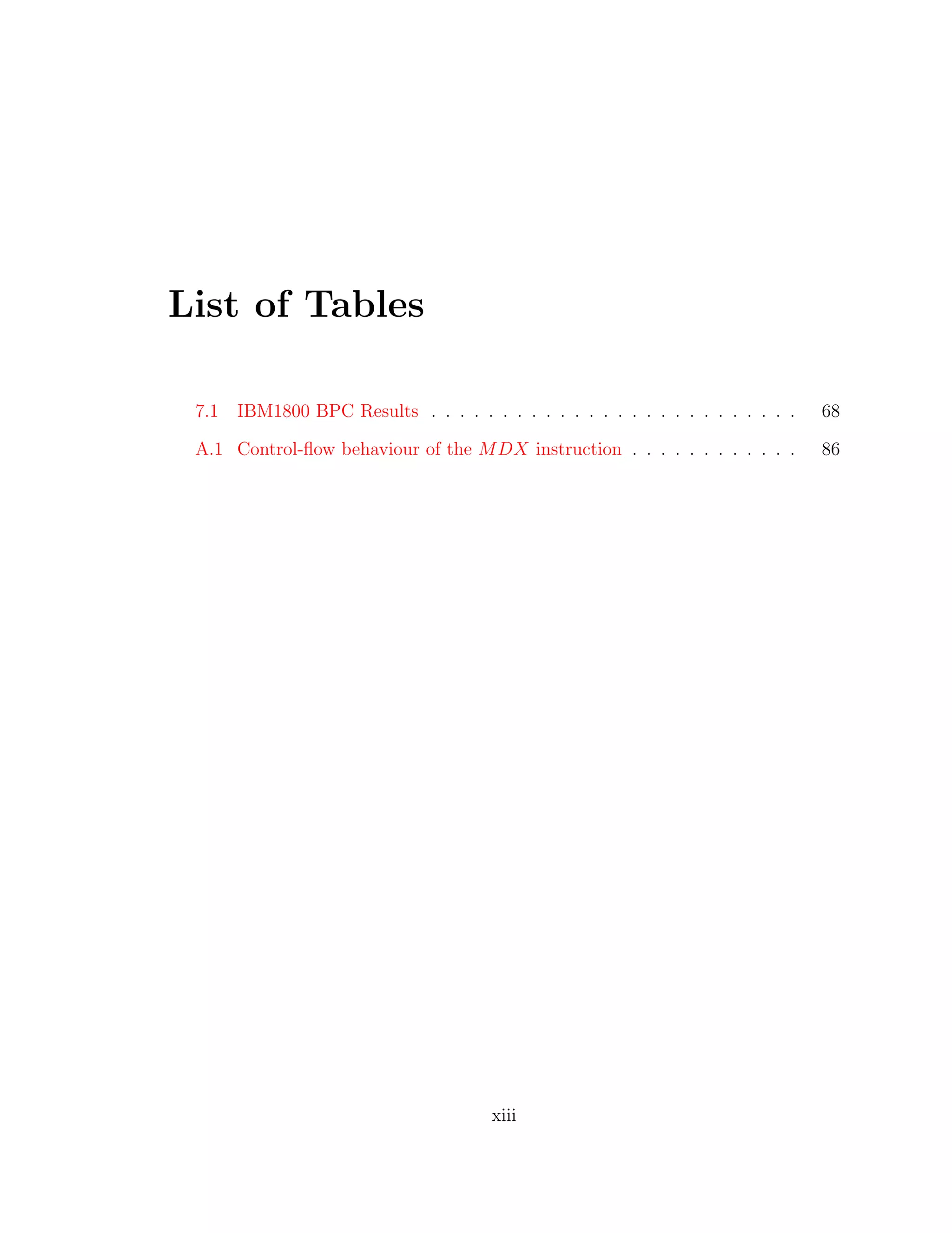 List of Tables
7.1 IBM1800 BPC Results . . . . . . . . . . . . . . . . . . . . . . . . . . 68
A.1 Control-ﬂow behaviour of the MDX instruction . . . . . . . . . . . . 86
xiii
 