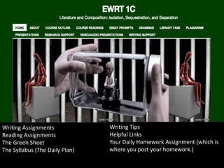 Writing Assignments
Reading Assignments
The Green Sheet
The Syllabus (The Daily Plan)
Writing Tips
Helpful Links
Your Daily Homework Assignment (which is
where you post your homework.)
 