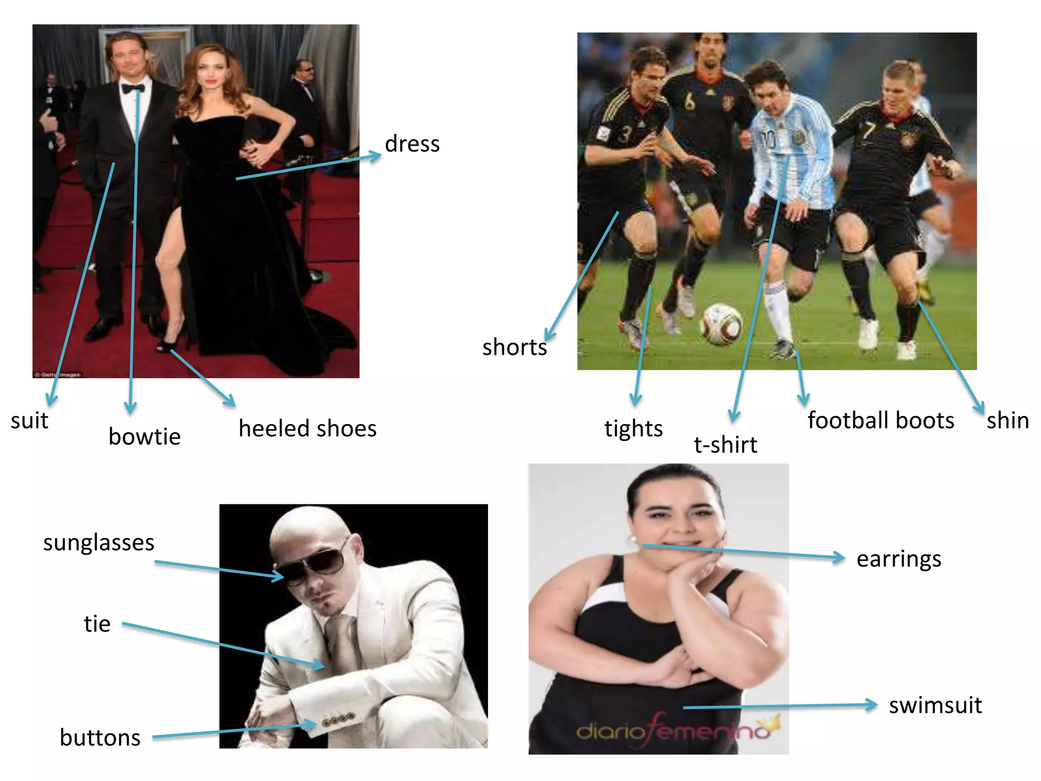 dress
heeled shoessuit
bowtie
football bootstights
t-shirt
shin
shorts
buttons
tie
sunglasses
swimsuit
earrings
 