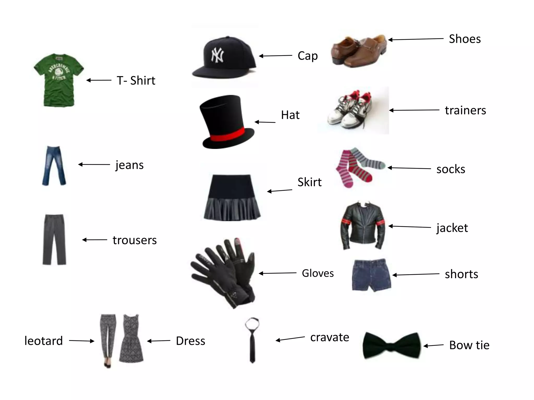 T- Shirt
Dressleotard
trousers
jeans
Cap
Hat
Skirt
Gloves
Shoes
trainers
socks
jacket
shorts
cravate
Bow tie
 