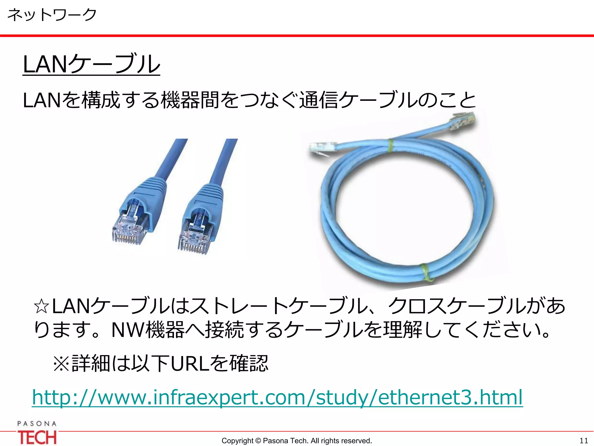 Copyright © Pasona Tech. All rights reserved.
ネットワーク
LANケーブル
LANを構成する機器間をつなぐ通信ケーブルのこと
11
☆LANケーブルはストレートケーブル、クロスケーブルがあ
ります。NW機器へ接続するケーブルを理解してください。
※詳細は以下URLを確認
http://www.infraexpert.com/study/ethernet3.html
 