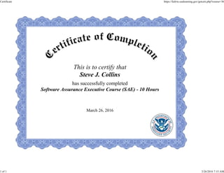 This is to certify that
Steve J. Collins
has successfully completed
Software Assurance Executive Course (SAE) - 10 Hours
March 26, 2016
Certificate https://fedvte.usalearning.gov/getcert.php?course=36
1 of 1 3/26/2016 7:15 AM
 