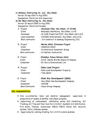 c) Reliance Contracting Co. LLC, Abu Dhabi.
Period: 01-sep-2001 to Aug 2003.
Designation: Electrical Site Supervisor.
d) Bin Moss Contracting Co, Abu Dhabi.
Period: 01-march-2000 to Aug 2001.
Designation: Electrical Foreman
1. Project : Cleveland Clinic Abu Dhabi. (7 STAR)
Client : Mubadala Healthcare, Abu Dhabi, U.A.E.
Developer : AL DAR Properties PJSC. Abu Dhabi and U.A.E.
Lead consultant : JACOBS International, Abu Dhabi, and U.A.E.
Main contractor : Six Construct & Samsung Engineering (JV)
2. Project : Marina MALL Extension Project
Client : ADMISC/ADCC
Consultant : Architectural Consultant Group
Main contractor : Al Habtoor Contraction
3. Project : Khalidiya Palace Rotana Hotel
Client : H.H.E. Sheikh M’d Bin Khalid Al Nahyan.
Consultant : EC Harris International Ltd.
4. Project : Doha Land Project.
Client : Doha Land Development Property.
Consultant : Time Qatar
5. Project : Shah Gas Development (SGD).
Client : Abu-Dhabi Gas Development Company.
Consultant : AECOM
Main Contractor : Ascon Group Company.
Job responsibilities
 Site co-ordination, labor and material management, supervision &
preparation of weekly & monthly look ahead program.
 Supervising of containments installation works (G.I Conduiting, G.I
Trunking, G.I Tray and floor box) for LV & ELV .System’s (LV distribution,
Fire alarm, Telecom, Audiovisual, EMCS, PMCS, Nurse Call, Security
System, Public Address system.
 Supervising for cabling & testing for LV & fire alarm systems.
 
