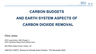 Chris Jones
IPCC Lead Author, WGI Chapter 4
IPCC Synthesis Report Core Writing Team
Met Office Hadley Centre, Exeter, UK
UNFCCC COP27, Science for Climate Action Pavilion, 17th November 2022
CARBON BUDGETS
AND EARTH SYSTEM ASPECTS OF
CARBON DIOXIDE REMOVAL
 