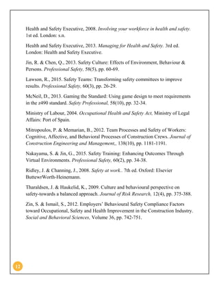 12
Health and Safety Executive, 2008. Involving your workforce in health and safety.
1st ed. London: s.n.
Health and Safety Executive, 2013. Managing for Health and Safety. 3rd ed.
London: Health and Safety Executive.
Jin, R. & Chen, Q., 2013. Safety Culture: Effects of Environment, Behaviour &
Persons. Professional Safety, 58(5), pp. 60-69.
Lawson, R., 2015. Safety Teams: Transforming safety committees to improve
results. Professional Safety, 60(3), pp. 26-29.
McNeil, D., 2013. Gaming the Standard: Using game design to meet requirements
in the z490 standard. Safety Professional, 58(10), pp. 32-34.
Ministry of Labour, 2004. Occupational Health and Safety Act, Ministry of Legal
Affairs: Port of Spain.
Mitropoulos, P. & Memarian, B., 2012. Team Processes and Safety of Workers:
Cognitive, Affective, and Behavioral Processes of Construction Crews. Journal of
Construction Engineering and Management,, 138(10), pp. 1181-1191.
Nakayama, S. & Jin, G., 2015. Safety Training: Enhancing Outcomes Through
Virtual Environments. Professional Safety, 60(2), pp. 34-38.
Ridley, J. & Channing, J., 2008. Safety at work.. 7th ed. Oxford: Elsevier
ButtewrWorth-Heinemann.
Tharaldsen, J. & Haukelid, K., 2009. Culture and behavioural perspective on
safety-towards a balanced approach. Journal of Risk Research, 12(4), pp. 375-388.
Zin, S. & Ismail, S., 2012. Employers’ Behavioural Safety Compliance Factors
toward Occupational, Safety and Health Improvement in the Construction Industry.
Social and Behavioral Sciences, Volume 36, pp. 742-751.
 