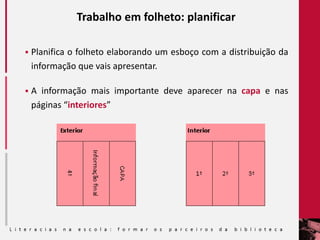 Trabalho em folheto: planificar
 Planifica o folheto elaborando um esboço com a distribuição da
informação que vais apresentar.
 A informação mais importante deve aparecer na capa e nas
páginas “interiores”
 