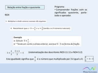Relação entre fração e quociente
NO4
Programa
• Compreender frações com os
significados quociente, parte-
todo e operador.
Esta igualdade significa que é o número que multiplicado por 3 é igual a 4:
(sistematização dos descritores NO3-11.11 e NO4-5.2)
 