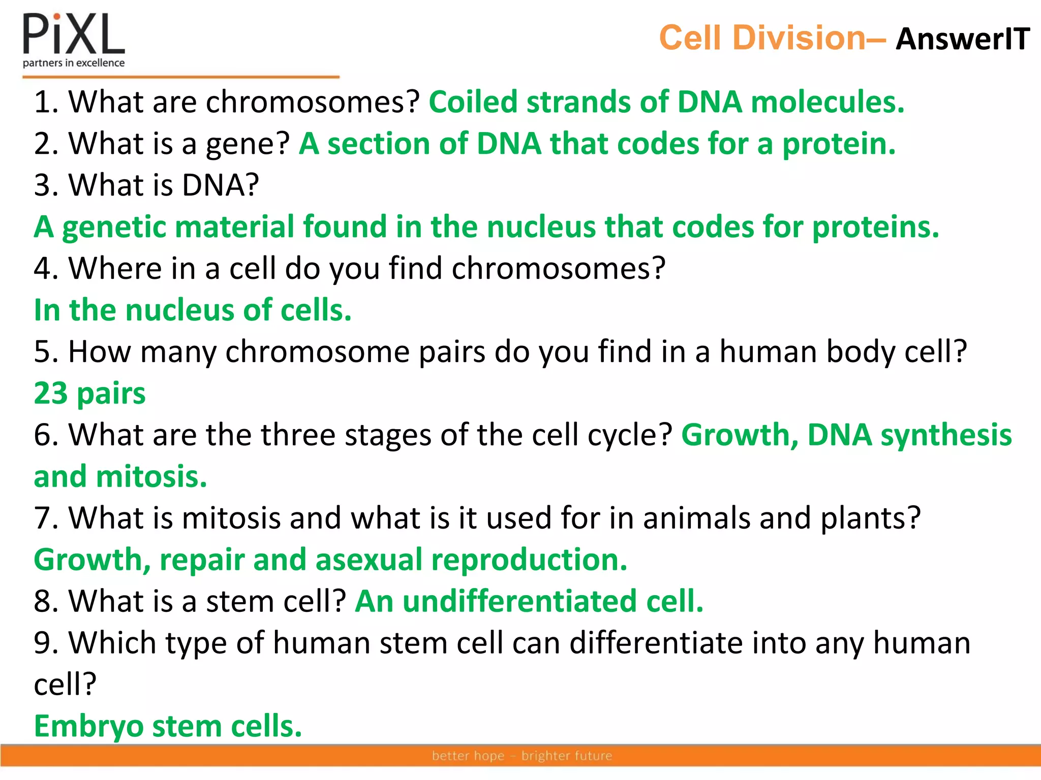 Cell Division– AnswerIT
1. What are chromosomes? Coiled strands of DNA molecules.
2. What is a gene? A section of DNA that codes for a protein.
3. What is DNA?
A genetic material found in the nucleus that codes for proteins.
4. Where in a cell do you find chromosomes?
In the nucleus of cells.
5. How many chromosome pairs do you find in a human body cell?
23 pairs
6. What are the three stages of the cell cycle? Growth, DNA synthesis
and mitosis.
7. What is mitosis and what is it used for in animals and plants?
Growth, repair and asexual reproduction.
8. What is a stem cell? An undifferentiated cell.
9. Which type of human stem cell can differentiate into any human
cell?
Embryo stem cells.
 