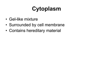 Cytoplasm Gel-like mixture Surrounded by cell membrane Contains hereditary material  