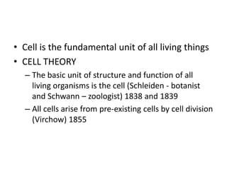 • Cell is the fundamental unit of all living things
• CELL THEORY
– The basic unit of structure and function of all
living organisms is the cell (Schleiden - botanist
and Schwann – zoologist) 1838 and 1839
– All cells arise from pre-existing cells by cell division
(Virchow) 1855
 