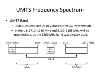 UMTS Frequency Spectrum
• UMTS Band
– 1900-2025 MHz and 2110-2200 MHz for 3G transmission
– In the US, 1710–1755 MHz and 2110–2155 MHz will be
used instead, as the 1900 MHz band was already used.
 