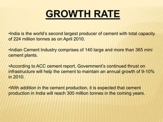 •India is the world’s second largest producer of cement with total capacity
of 224 million tonnes as on April 2010.
•Indian Cement Industry comprises of 140 large and more than 365 mini
cement plants.
•According to ACC cement report, Government’s continued thrust on
infrastructure will help the cement to maintain an annual growth of 9-10%
in 2010.
•With addition in the cement production, it is expected that cement
production in India will reach 300 million tonnes in the coming years.
GROWTH RATE
 