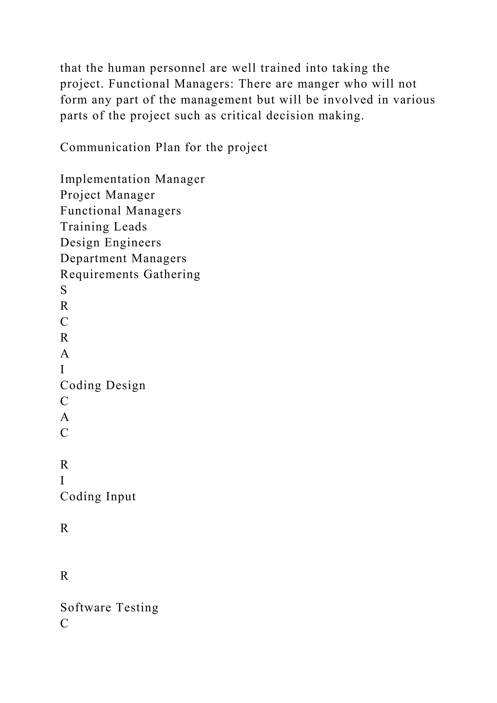 that the human personnel are well trained into taking the
project. Functional Managers: There are manger who will not
form any part of the management but will be involved in various
parts of the project such as critical decision making.
Communication Plan for the project
Implementation Manager
Project Manager
Functional Managers
Training Leads
Design Engineers
Department Managers
Requirements Gathering
S
R
C
R
A
I
Coding Design
C
A
C
R
I
Coding Input
R
R
Software Testing
C
 