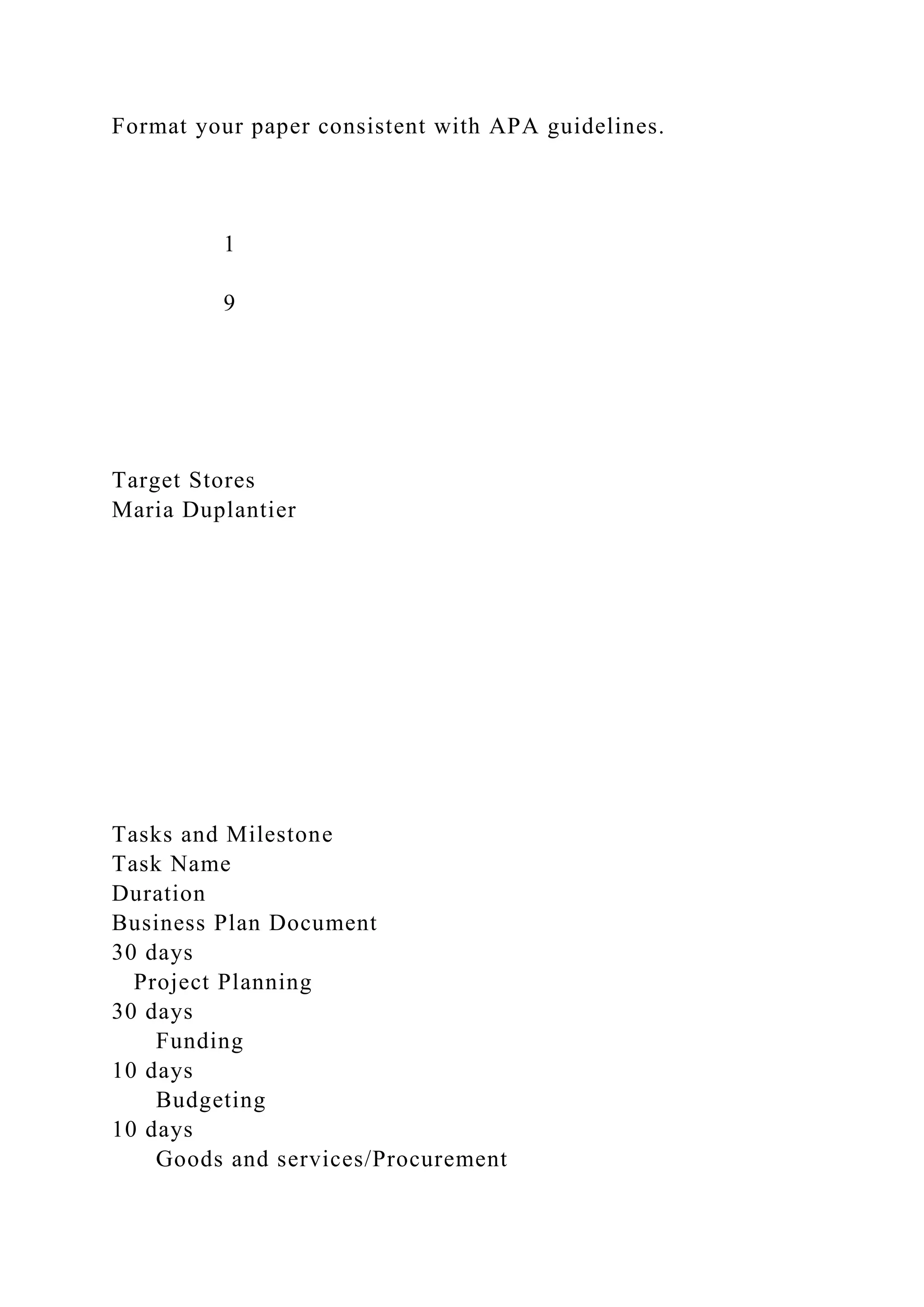 Format your paper consistent with APA guidelines.
1
9
Target Stores
Maria Duplantier
Tasks and Milestone
Task Name
Duration
Business Plan Document
30 days
Project Planning
30 days
Funding
10 days
Budgeting
10 days
Goods and services/Procurement
 