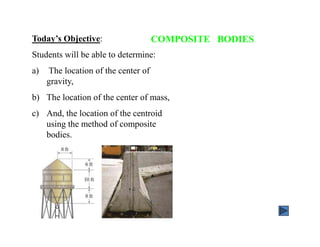 COMPOSITE BODIESToday’s Objective:
Students will be able to determine:
a) The location of the center of
gravity,
b) The location of the center of mass,
c) And, the location of the centroid
using the method of composite
bodies.
 