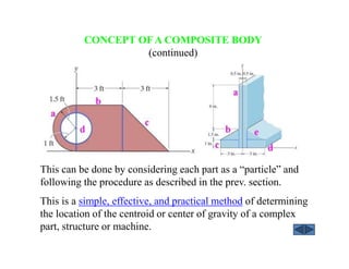 CONCEPT OFA COMPOSITE BODY
(continued)
This can be done by considering each part as a “particle” and
following the procedure as described in the prev. section.
This is a simple, effective, and practical method of determining
the location of the centroid or center of gravity of a complex
part, structure or machine.
 