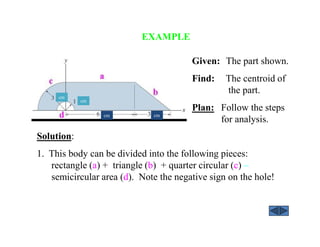 EXAMPLE
Solution:
1. This body can be divided into the following pieces:
rectangle (a) + triangle (b) + quarter circular (c) –
semicircular area (d). Note the negative sign on the hole!
Given: The part shown.
Find: The centroid of
the part.
Plan: Follow the steps
for analysis.
cm
cm
cm cm
 
