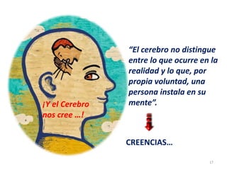 17
¡Y el Cerebro
nos cree …!
“El cerebro no distingue
entre lo que ocurre en la
realidad y lo que, por
propia voluntad, una
persona instala en su
mente”.
CREENCIAS…
 
