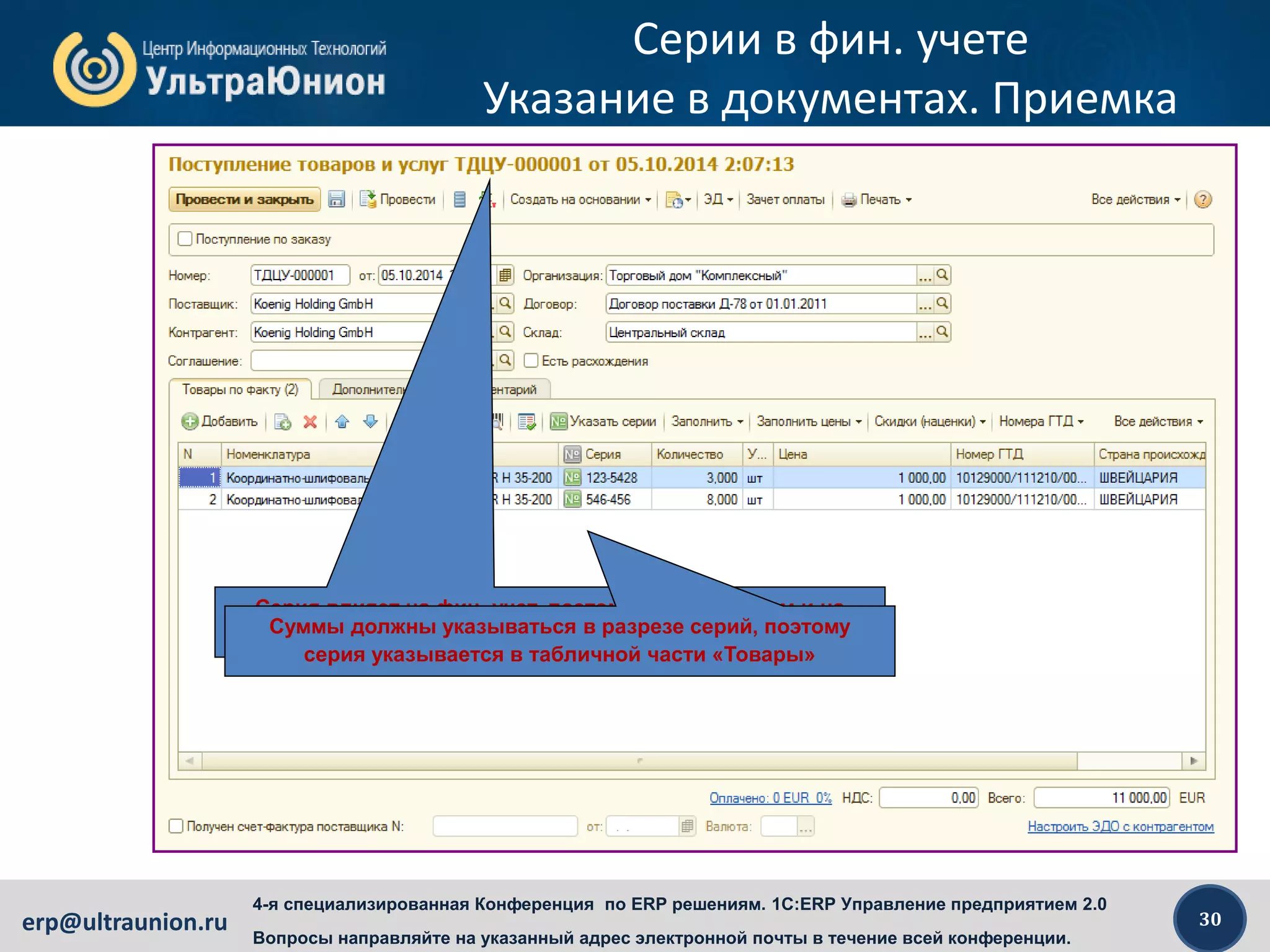 30erp@ultraunion.ru
4-я специализированная Конференция по ERP решениям. 1C:ERP Управление предприятием 2.0
Вопросы направляйте на указанный адрес электронной почты в течение всей конференции.
Серии в фин. учете
Указание в документах. Приемка
Серия влияет на фин. учет, поэтому и на ордерном и на
неордерном складе указывается в накладнойСуммы должны указываться в разрезе серий, поэтому
серия указывается в табличной части «Товары»
 