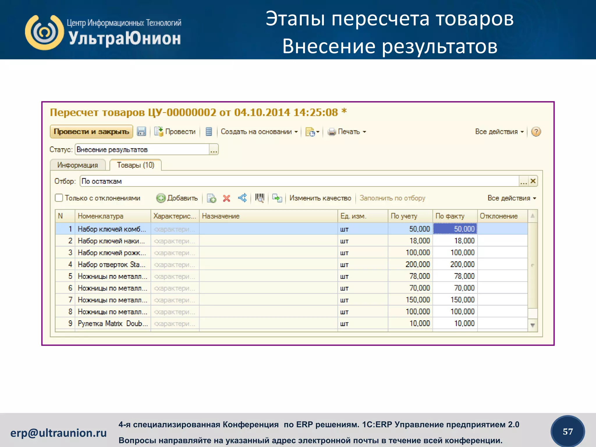 57erp@ultraunion.ru
4-я специализированная Конференция по ERP решениям. 1C:ERP Управление предприятием 2.0
Вопросы направляйте на указанный адрес электронной почты в течение всей конференции.
Этапы пересчета товаров
Внесение результатов
 