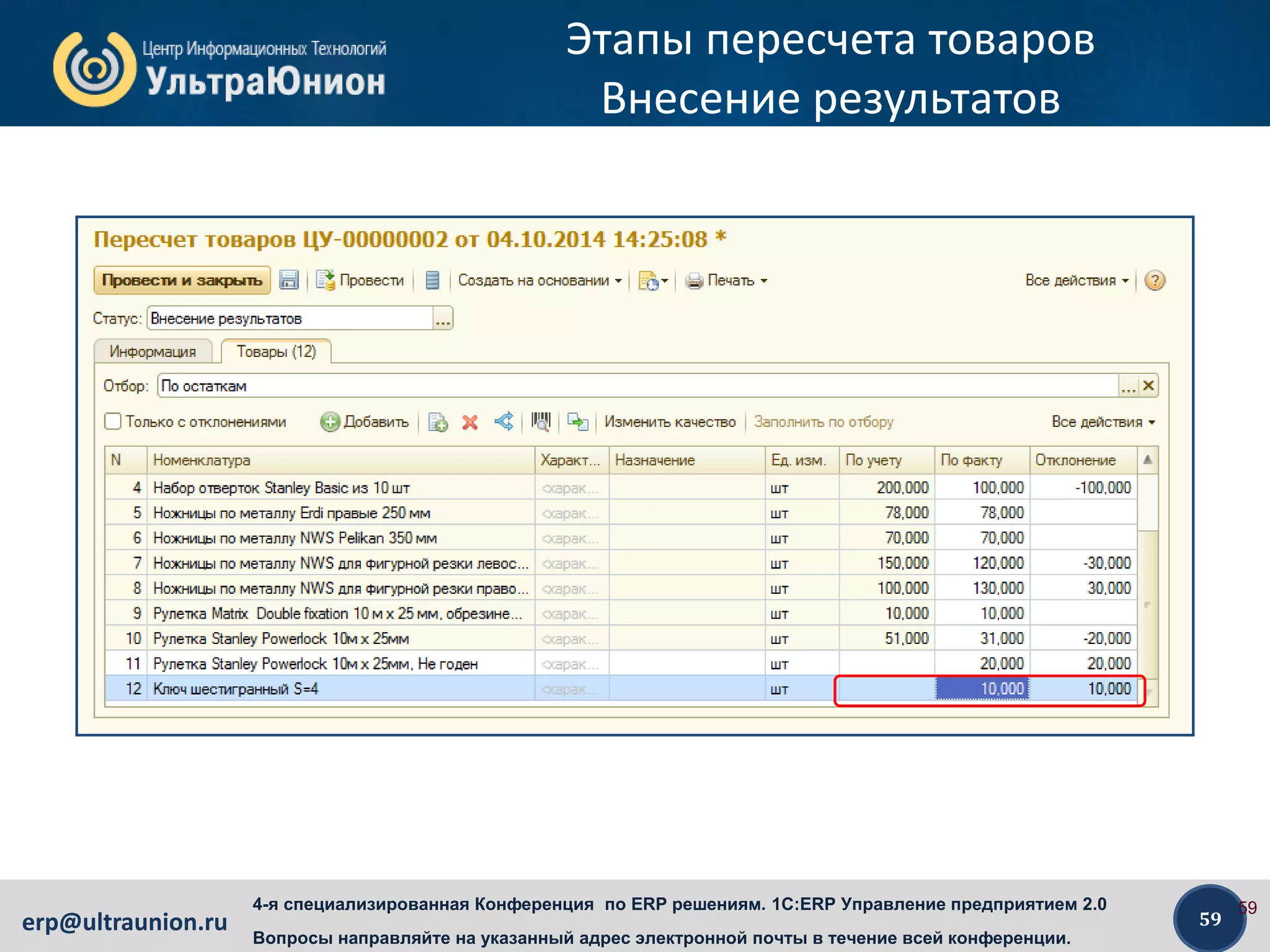 59erp@ultraunion.ru
4-я специализированная Конференция по ERP решениям. 1C:ERP Управление предприятием 2.0
Вопросы направляйте на указанный адрес электронной почты в течение всей конференции.
Этапы пересчета товаров
Внесение результатов
59
 
