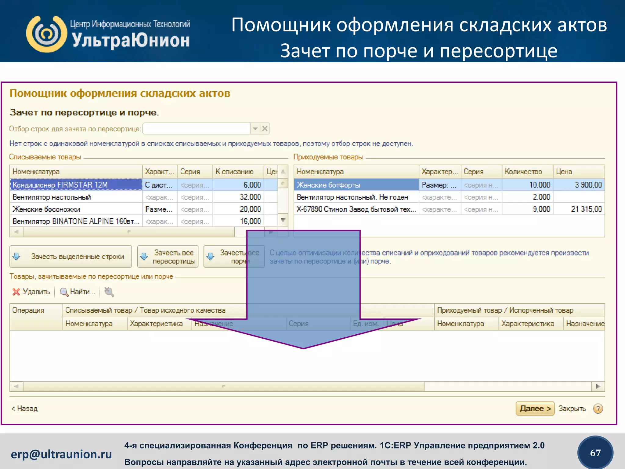 67erp@ultraunion.ru
4-я специализированная Конференция по ERP решениям. 1C:ERP Управление предприятием 2.0
Вопросы направляйте на указанный адрес электронной почты в течение всей конференции.
Помощник оформления складских актов
Зачет по порче и пересортице
 