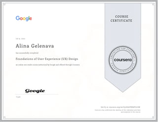 J ul 9, 2021
Alina Gelenava
Foundations of User Experience (UX) Design
an online non-credit course authorized by Google and offered through Coursera
has successfully completed
Google
Verify at coursera.org/verify/6QUPRK4PSU3W
  Cour ser a has confir med the identity of this individual and their
par ticipation in the cour se.
 
