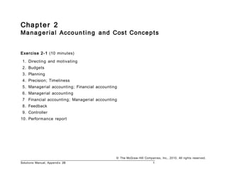 Cha p t e r 2

M a n a g e r i a l Acco u n t i n g a n d Cos t Conce p t s
Exe r c is e 2- 1 (10 minutes)
1. Directing and motivating
2. Budgets
3. Planning
4. Precision; Timeliness
5. Managerial accounting; Financial accounting
6. Managerial accounting
7 Financial accounting; Managerial accounting
8. Feedback
9. Controller
10 . Performance report

© The McGraw- Hill Companies, Inc., 2010. All rights reserved.
Solutions Manual, Appendix 2B

1

 